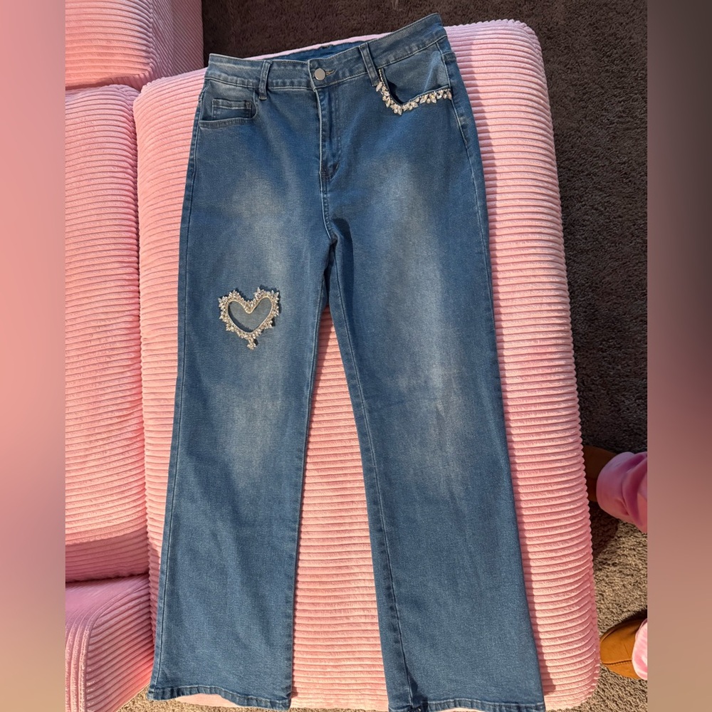 Heart Cut Out Rhinestone Jeans - Picture 3 of 7